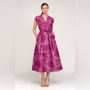 new Kay Unger Brigid tea length belted wrap dress in dark purple floral